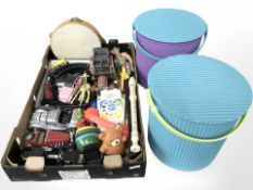 A group of die cast model cars, Action man figure, recorder, tambourine,