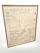 A monochrome print depicting the historical development of the sailing barge, 81 cm x 99 cm.