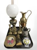 Two pairs of brass candlesticks, oil lamp, ewer, small Ashington Colliery miner's lamp,