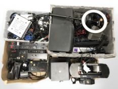 A large quantity of audio equipment, streaming equipment including a ring light, various cables,