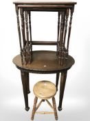 A mahogany occasional table, a nest of three tables and a pine tripod stool.