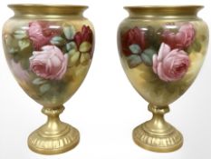 A pair of Royal Worcester vases, shape 2293, painted with pink roses by Seagley,