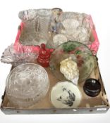 Assorted pressed glass bowls, vases, Art Deco mottled glass flame light shade, etc.