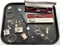 A group of silver bangles, charm bracelet, pearl necklace with 9ct gold clasp,