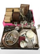 A group of wooden table boxes, Indian bone inlaid correspondence rack, EPNS candelabra,