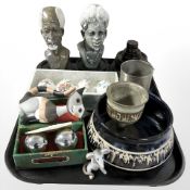 Two African polished hard stone busts, Goebel cat designed by Raquel Wachsmister,