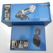 A MacAllister 18V angle grinder and battery charging kit, both parts boxed.