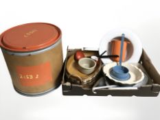 A group of enameled kitchen wares, metal lidded cylindrical container, etc.