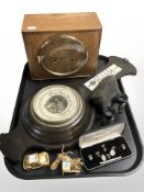 A Smith Art Deco mantel clock, oak barometer, small pair of opera glasses, gold plated dress studs,