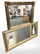 An ornate gilt framed mirror, a further mirror with two surrounding panels containing prints,