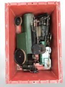 A group of live steam model locomotives.