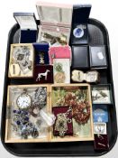 Assorted costume jewellery, bead necklaces, pocket watch, dog brooches,