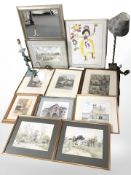 Two contemporary table lamps, pictures, prints, watercolour studies,