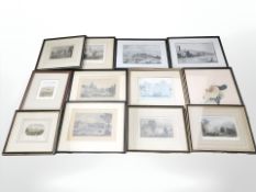 Assorted pictures and prints, 19th century hand coloured engravings,
