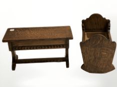 A miniature oak crib and lidded box, width 21 cm.