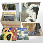 Unframed continental oil paintings on canvas, still life studies, portrait of a nude female, etc.