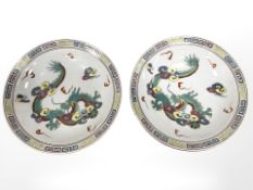A pair of 20th century Chinese porcelain footed dishes, hand-painted with five-clawed dragons,