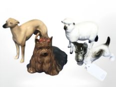 A Beswick greyhound, Yorkshire Terrier, Royal Dux dog and a further figure of a sheep,