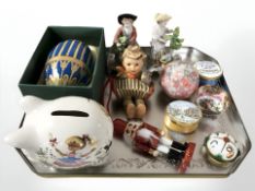 A pair of German Sitzendorf figures, enamelled trinket boxes including Crummles,