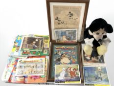 A Mickey Mouse soft toy, Disney collectables, tin of lapel badges,