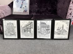 Carl Erik Fugl, four pen and ink studies depicting buildings, each 29.5 cm x 39 cm.