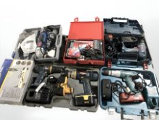 Assorted boxed power tools including Bosch, Ryobi, etc.