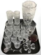 A group of crystal tumblers, pair of high ball glasses, vase, etc, some pieces by Stuart.