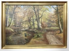 V Jespersen : Stream through woodland, oil on canvas, 100 cm x 70 cm.