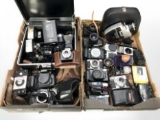 Assorted vintage cameras including Praktica, Pentax, Nikon, Yashica, various accessories,
