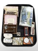 A group of pens, Airfix model, small group of pre decimal coins,