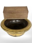 An oak correspondence box and a large painted rustic bowl, diameter 50 cm.