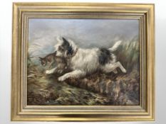 British School : A terrier with a rabbit clenched in its jaws, oil on board, indistinctly signed,