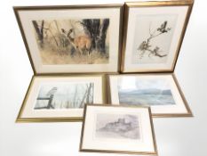 A group of pictures and prints including ornithological studies, Donald Grant print of a buck,