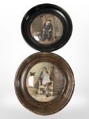 Two Prattware pot lids in circular wooden frames.