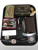 A group of pens including Parker, two Daniel Hechter wristwatches, boxed razor, antique cash tin,