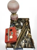 A group of brass garden sprayers, vase, EPNS cutlery, oil lamp, other metal wares.