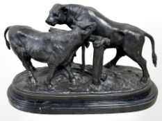 After Pierre Jules Mene (1810-1879) A 20th century bronze group of two bulls beside a fence,