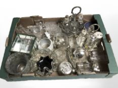 Assorted silver plate and glass wares including cruets, bowls, lidded jars, etc.