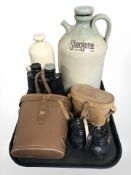 A stoneware jug, hot water bottle, a pair of Prinz 12x50 binoculars and another pair.