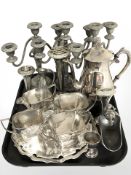 Three EPNS candelabra, further tea wares, salvers, bud vases, etc.