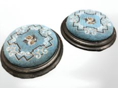 A pair of Victorian bead work and ebonised foot stools, diameter 29 cm,