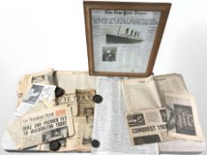 A group of vintage newspapers, reproduction Titanic newspaper in frame, etc.
