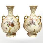 A pair of Royal Worcester vases, shape 1553, printed and painted with floral sprays and gilding,