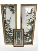 A Chinese silk work panel and a two further embroidered panels framed as a pair.