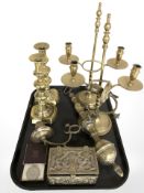 Two pairs of brass candlesticks, a further sconce, an Islamic mixed metal trinket box,