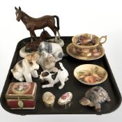 An Aynsley orchard gold tea cup and saucer, matching pin dish, animal ornaments including Nao,