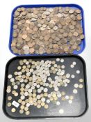 A large quantity of pre-decimal coins, one pennies, one shillings, three pences etc.