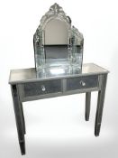 A contemporary mirrored side table and a further folding triple mirror, table 90 cm wide.