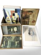 Assorted pictures and prints, abstract oil on canvas, etc.