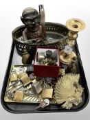A quantity of padlocks, an Art Nouveau style fan dish, figural hand bells, brass candlestick,